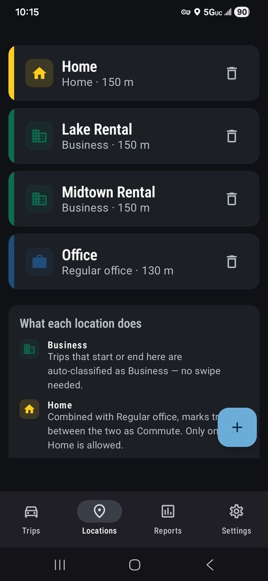 MileBook locations list with Home, two business rentals and an office, each with a geofence radius.