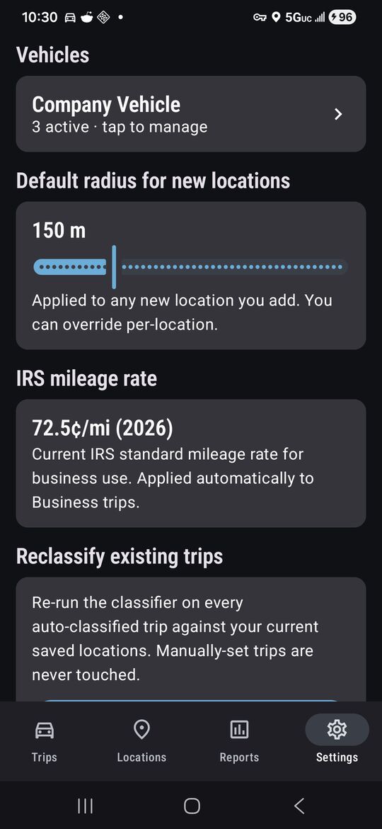 MileBook settings showing vehicles, default geofence radius, the 2026 IRS mileage rate and a reclassify option.