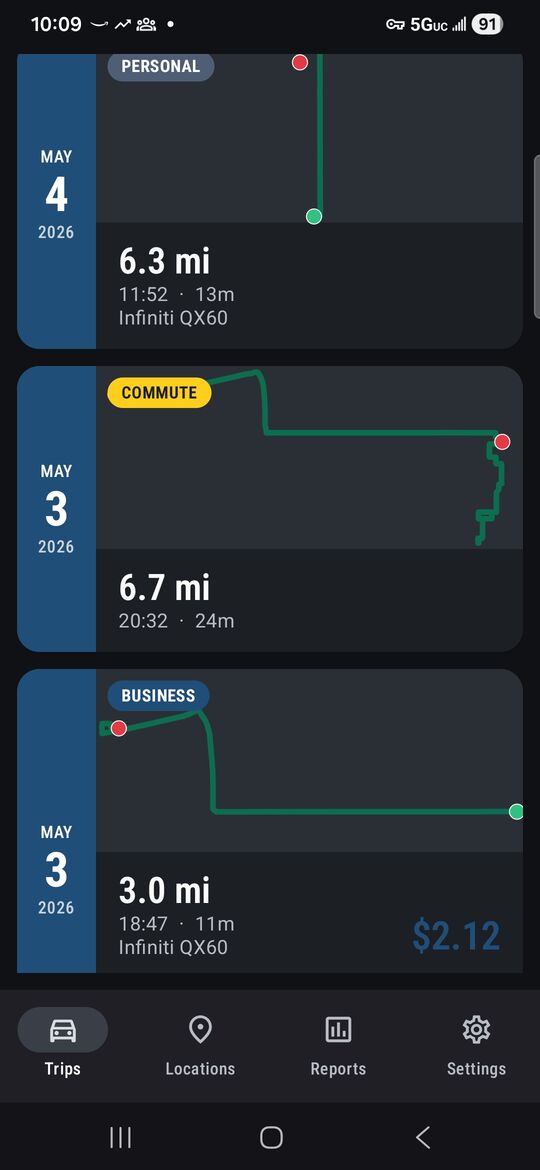 MileBook trips list showing three drives with route maps, each tagged Personal, Commute or Business, with distance, time and vehicle.