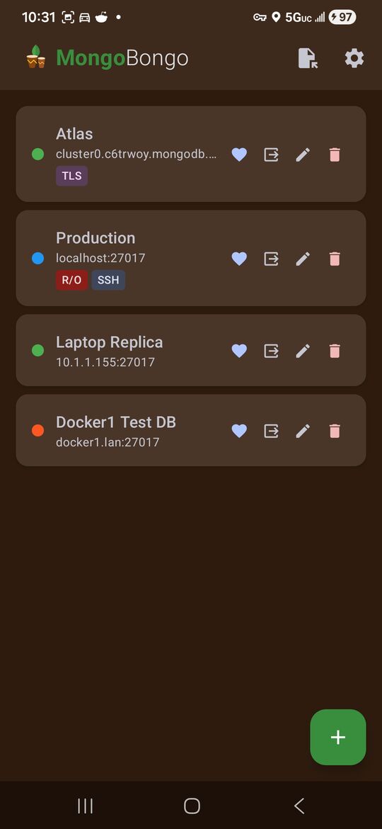 MongoBongo connection list with four saved profiles — an Atlas cluster tagged TLS, a read-only production host over SSH, a laptop replica and a Docker test database.