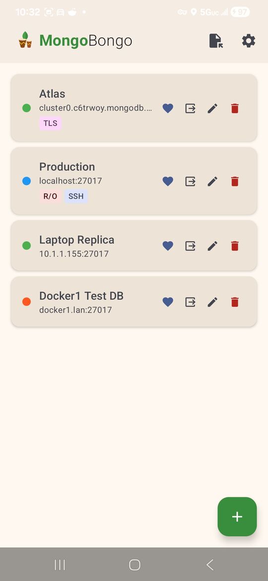 The same MongoBongo connection list rendered in the light theme.