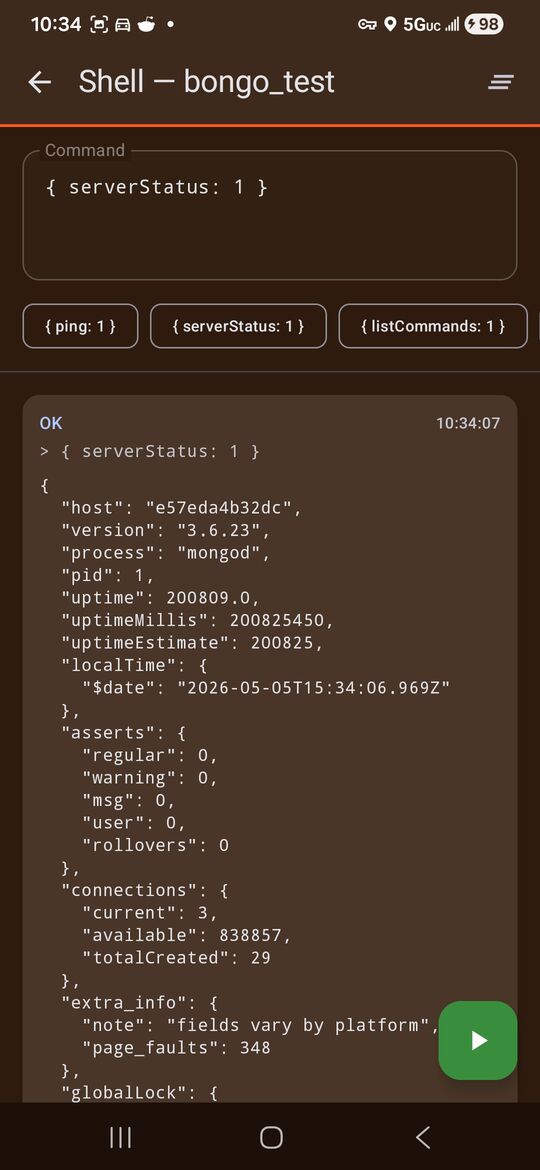 MongoBongo shell running the serverStatus command with the JSON response below it and quick-command chips above.